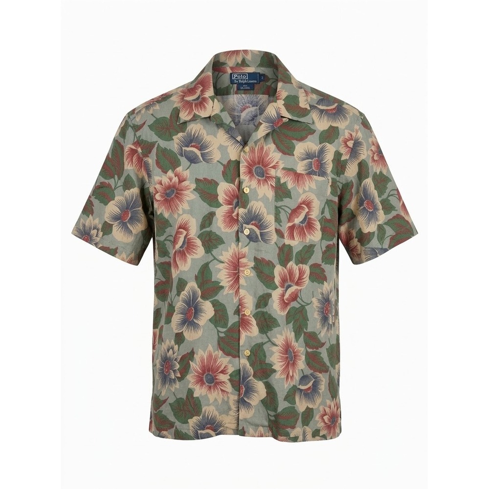 VTG Polo Ralph Lauren Button Up Shirt XL Floral Cotton Linen Camp Aloha Hawaiian
